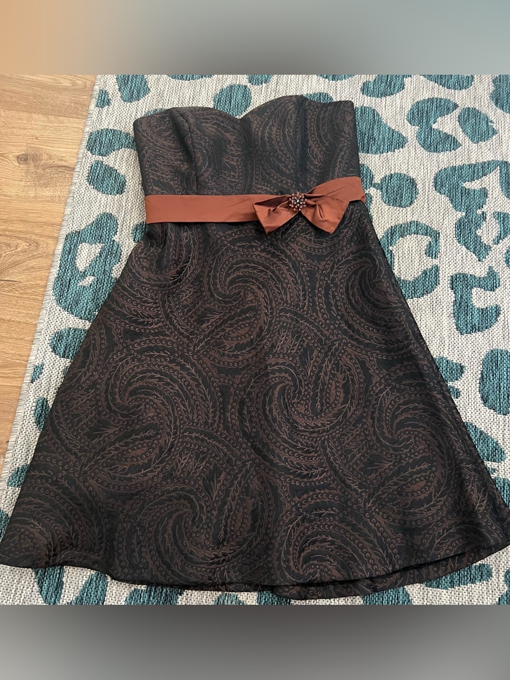 David's Bridal Black and Copper Strapless Cocktail Dress l 14
